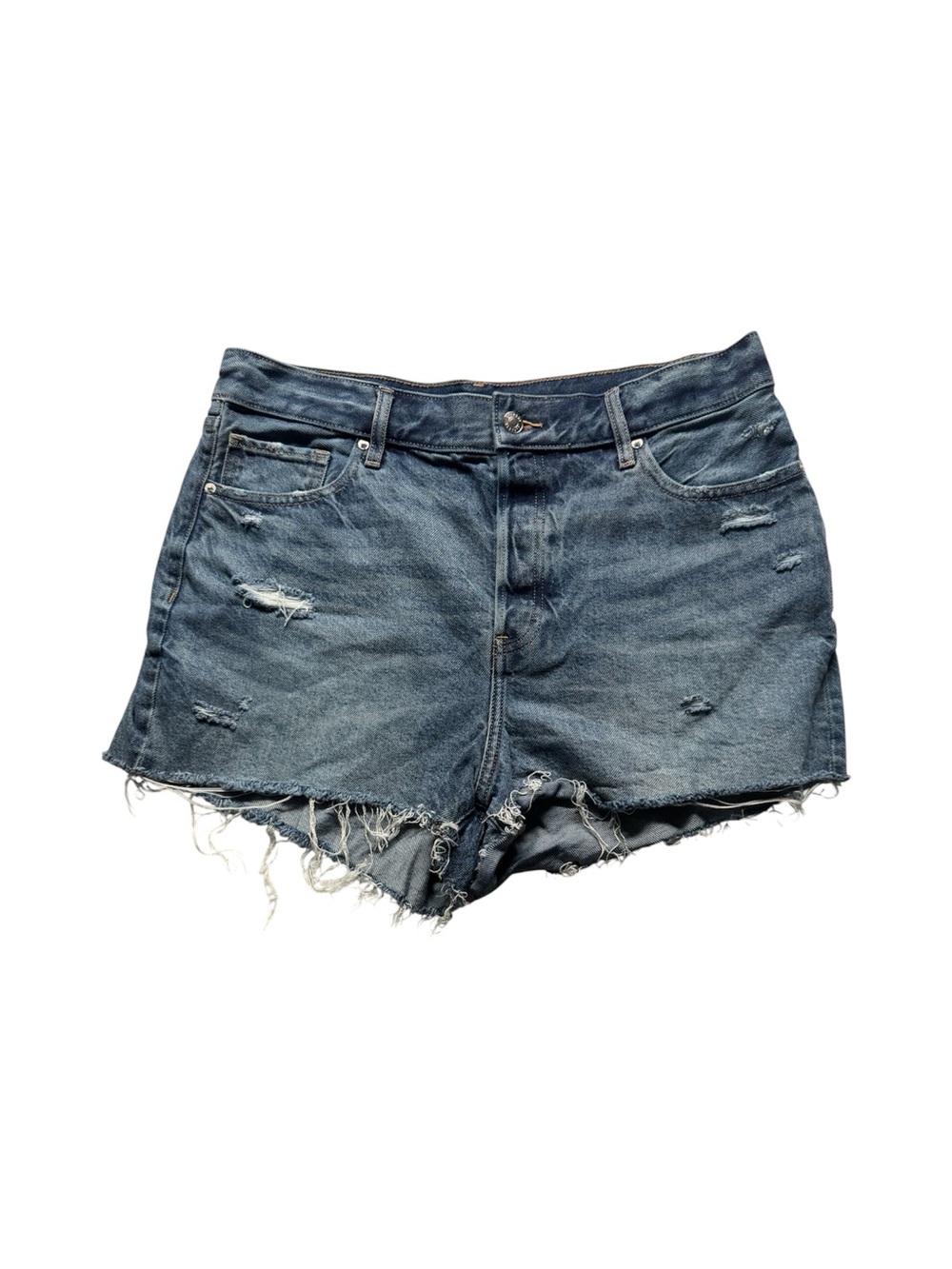Express Women’s High Rise Distressed Denim Shorts Size 12 Raw Hem 2” Inseam
